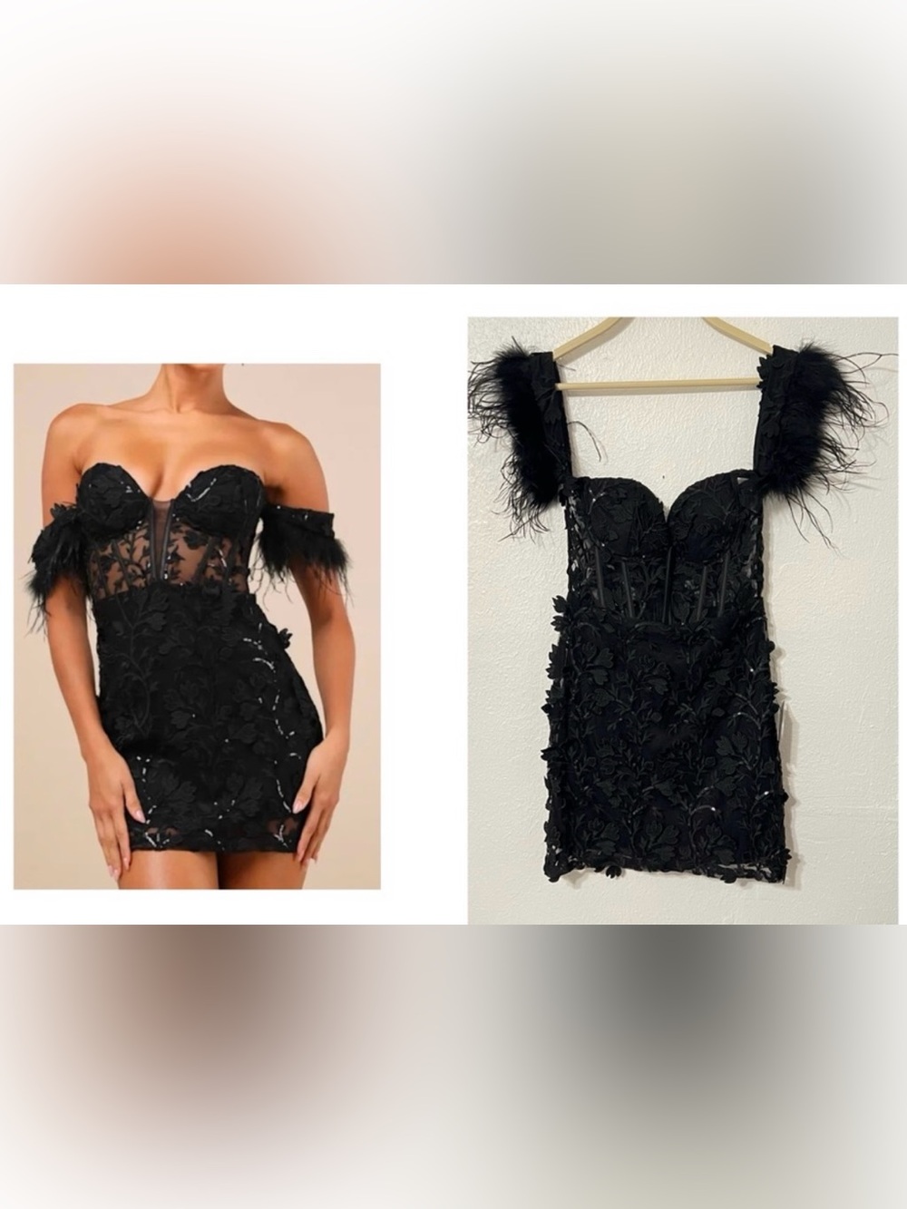 NEW Lulu's Midnight Sparkle Black Embroidered Feather Bustier Dress Strapless